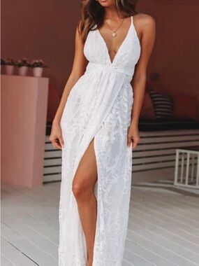 Hello Molly White Lace Plunge Maxi Dress with High Slit